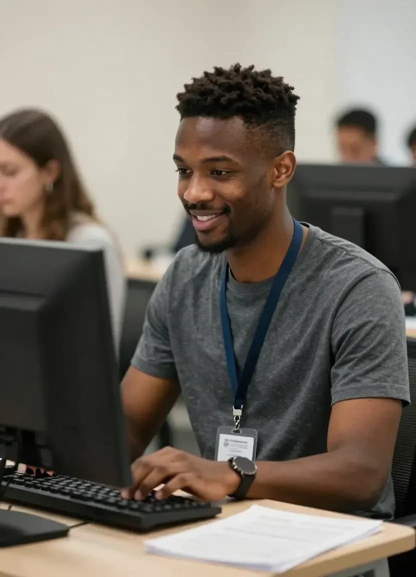 photo d’un candidat passant un examen de certification dans un centre de test avec ordinateur