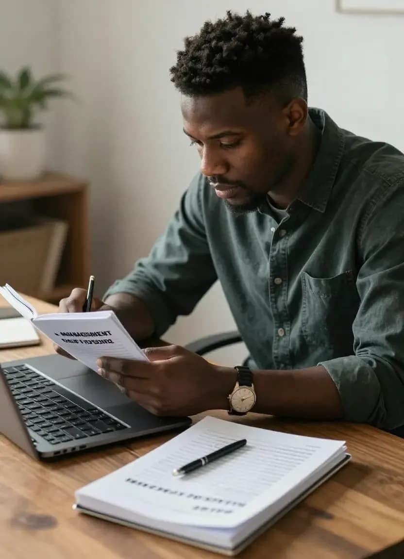 photo d’un jeune professionnel révisant un manuel de management de projet avec un ordinateur portable